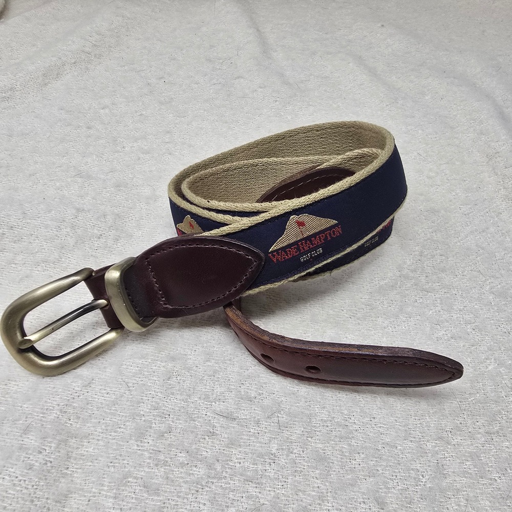YRI‎ Belt Mens 36 Navy Wade Hampton Golf Club Leather Canvas Made in USA